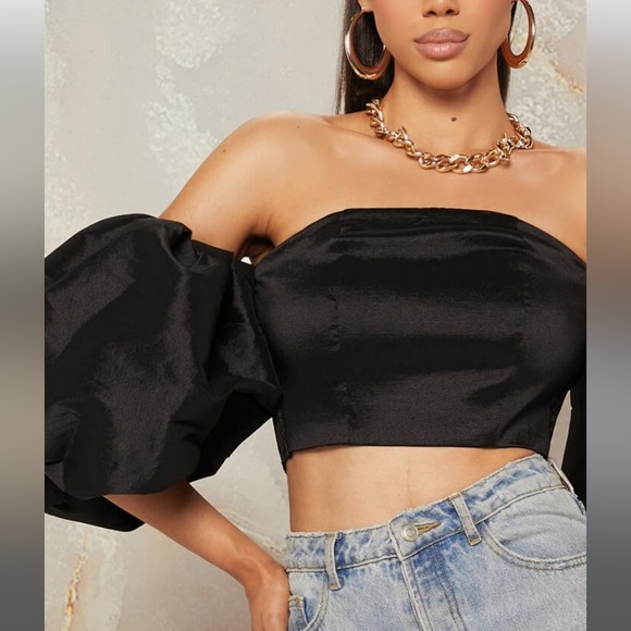 Off shoulder puff sleeve black crop top, medium - Picture 4 of 8